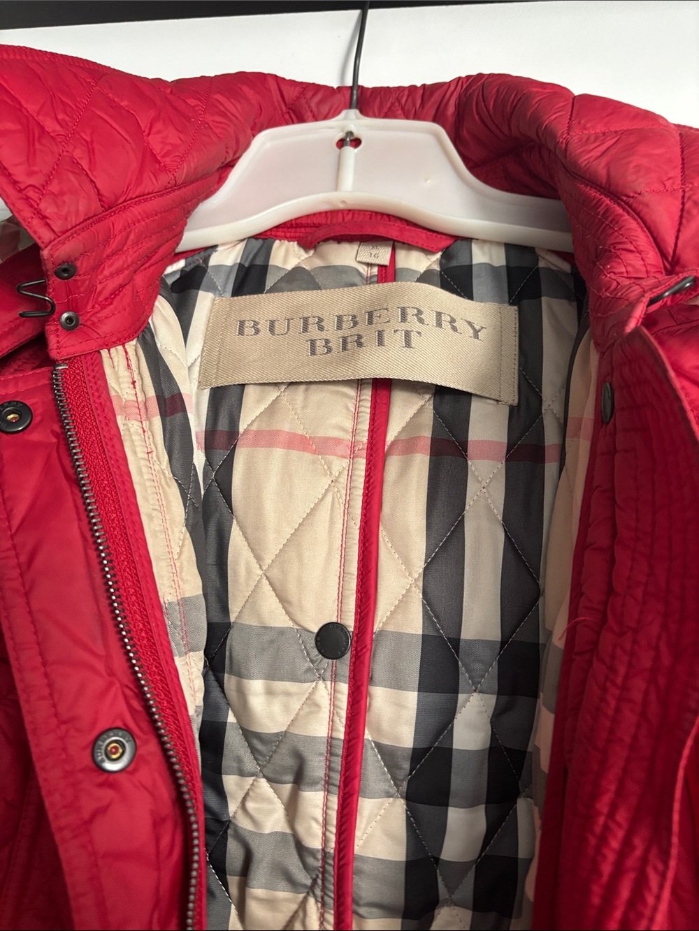 Burberry Red Quilted Puffer Jacket with Check Lining